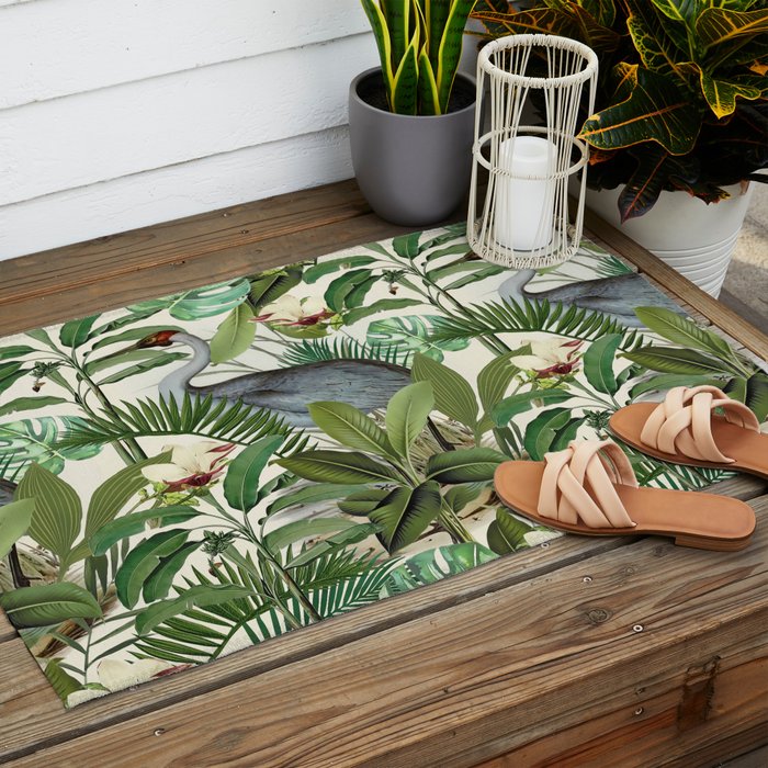 Tropical Heron Bird Rainforest Illustration Outdoor Rug Gallery Image 2