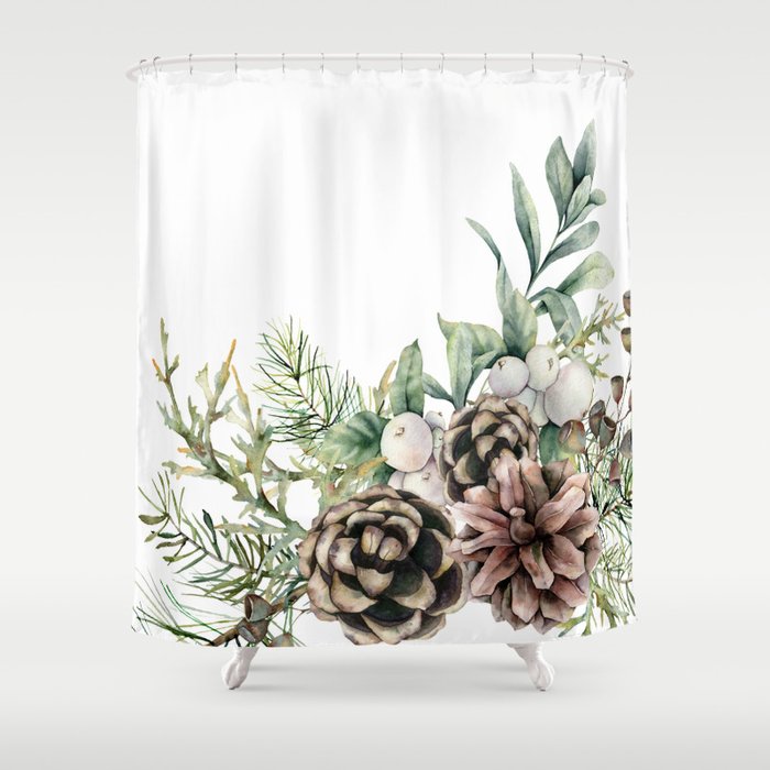 Christmas Pine Bouquet, Watercolor Floral Prints Shower Curtain Gallery Image 1