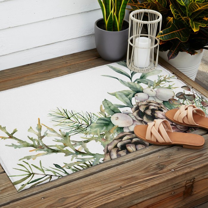 Christmas Pine Bouquet, Watercolor Floral Prints Outdoor Rug Gallery Image 2