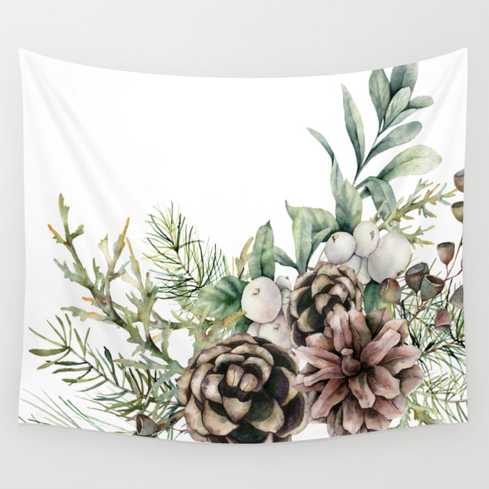 Christmas Pine Bouquet, Watercolor Floral Prints Wall Tapestry Gallery Image 1