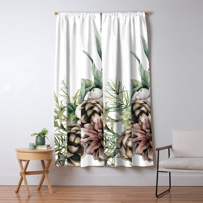 Christmas Pine Bouquet, Watercolor Floral Prints Window Curtain Gallery Image 1