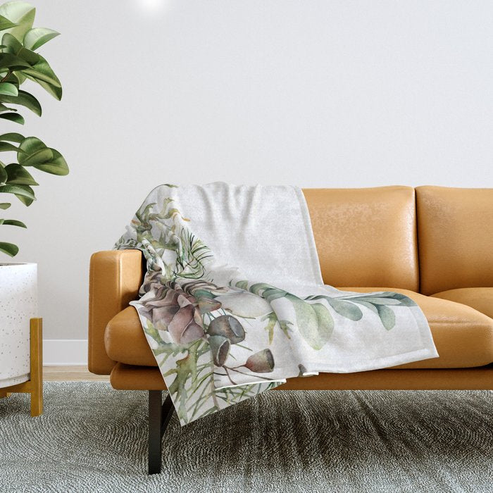 Christmas Pine Bouquet, Watercolor Floral Prints Throw Blanket Gallery Image 1
