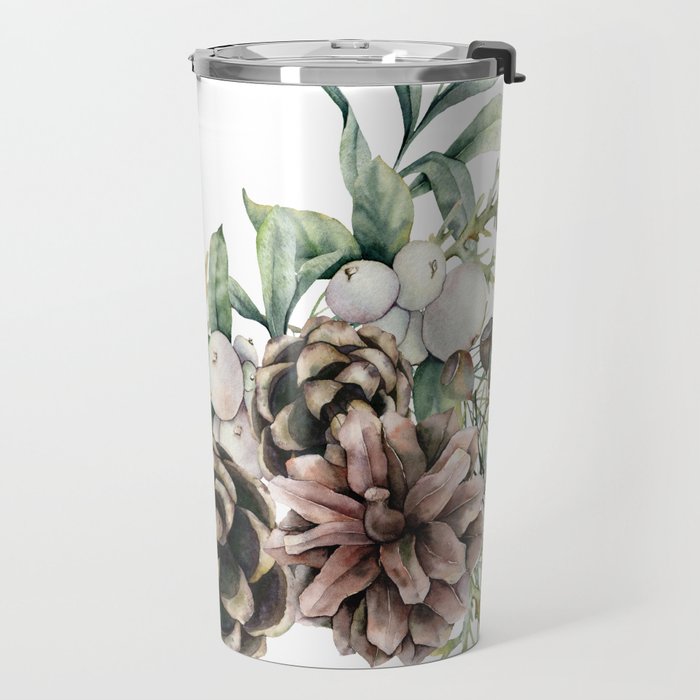 Christmas Pine Bouquet, Watercolor Floral Prints Travel Mug Gallery Image 2
