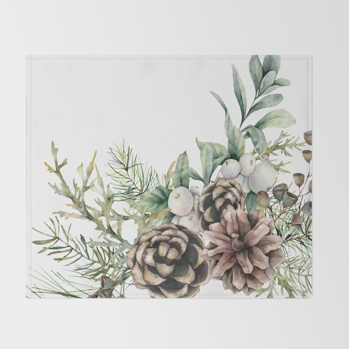 Christmas Pine Bouquet, Watercolor Floral Prints Throw Blanket Gallery Image 2