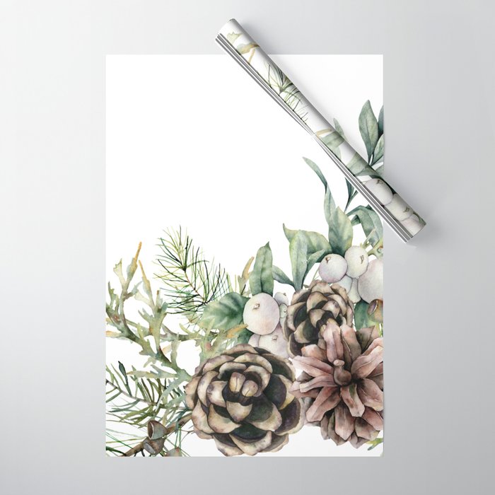 Christmas Pine Bouquet, Watercolor Floral Prints Wrapping Paper Gallery Image 1