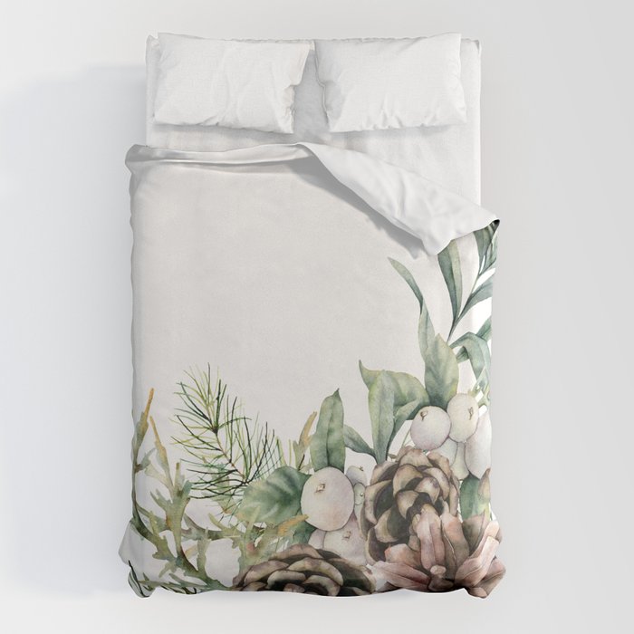 Christmas Pine Bouquet, Watercolor Floral Prints Duvet Cover Gallery Image 1