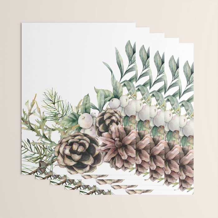 Christmas Pine Bouquet, Watercolor Floral Prints Wrapping Paper Gallery Image 3