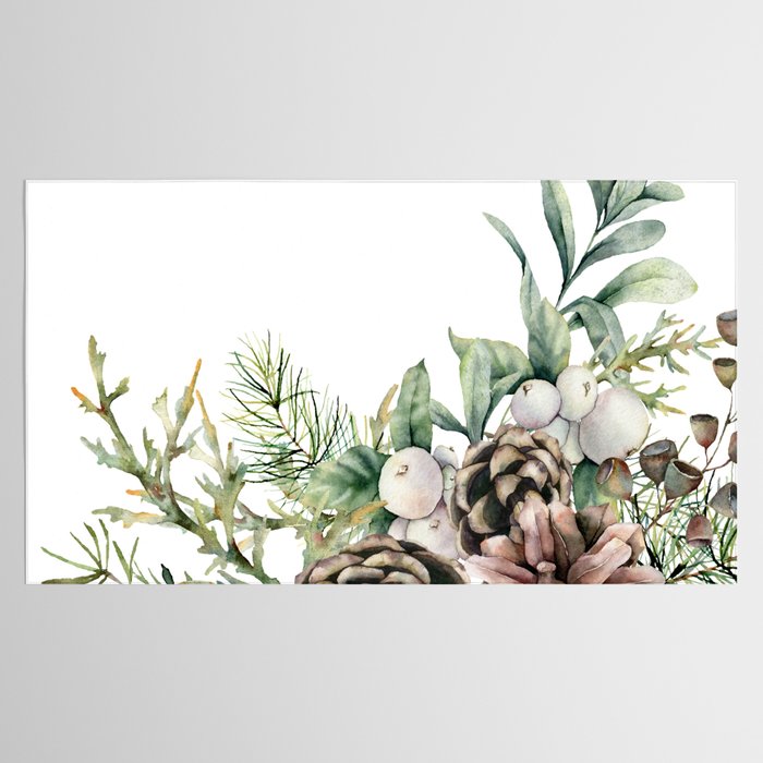 Christmas Pine Bouquet, Watercolor Floral Prints Tablecloth Gallery Image 2