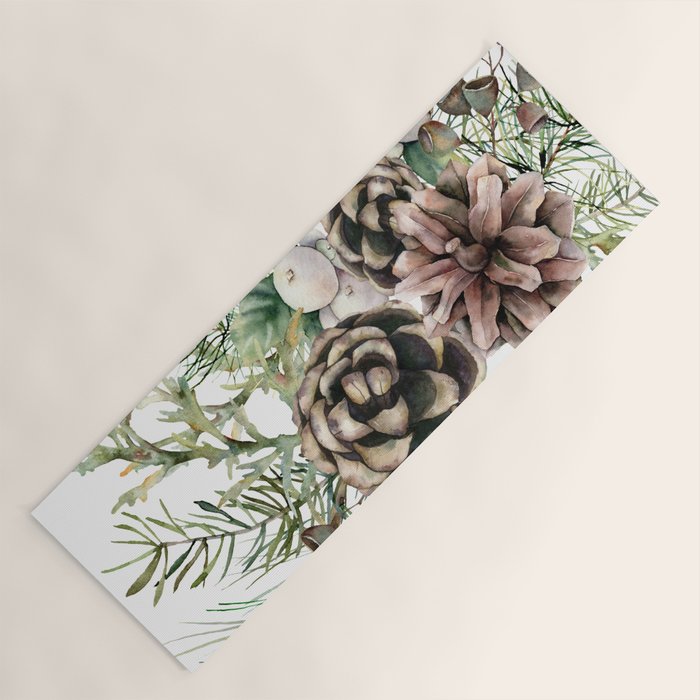 Christmas Pine Bouquet, Watercolor Floral Prints Yoga Mat Gallery Image 1