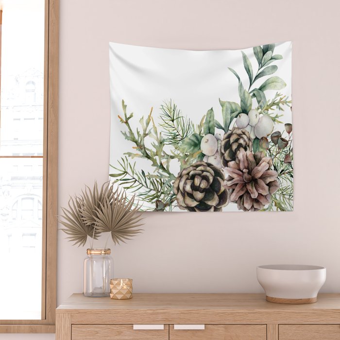 Christmas Pine Bouquet, Watercolor Floral Prints Wall Tapestry Gallery Image 2