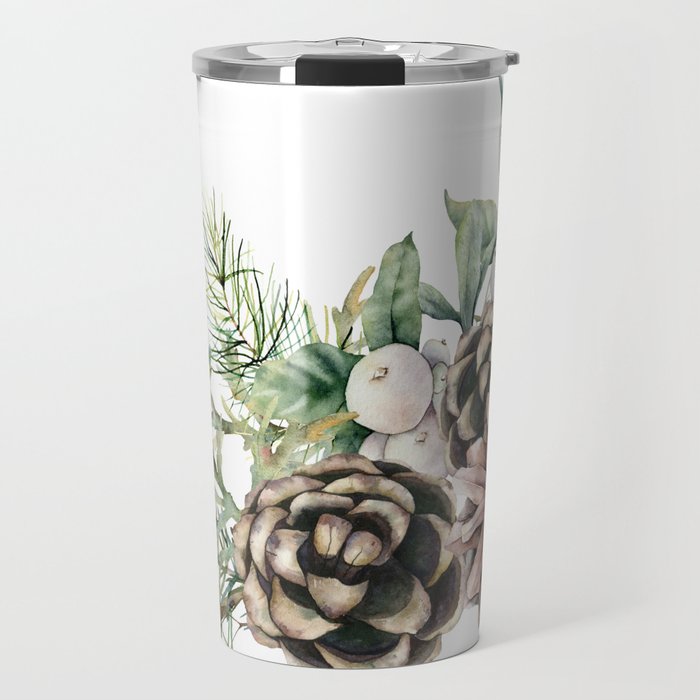 Christmas Pine Bouquet, Watercolor Floral Prints Travel Mug Gallery Image 1
