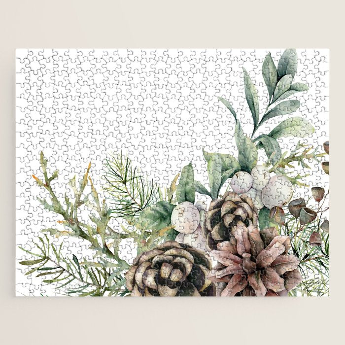 Christmas Pine Bouquet, Watercolor Floral Prints Jigsaw Puzzle Gallery Image 1