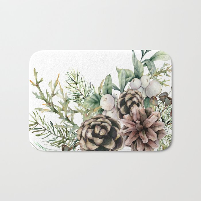 Christmas Pine Bouquet, Watercolor Floral Prints Bath Mat Gallery Image 1
