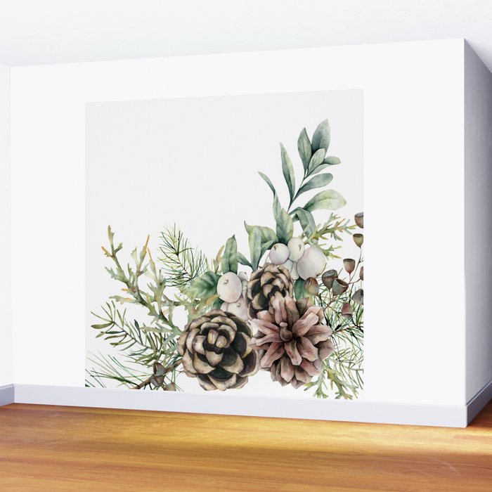 Christmas Pine Bouquet, Watercolor Floral Prints Wall Mural Gallery Image 2
