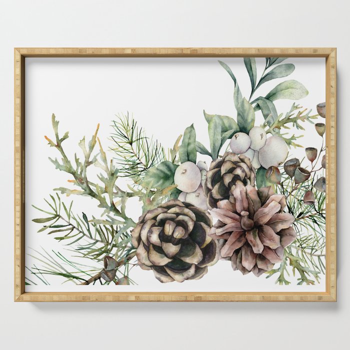 Christmas Pine Bouquet, Watercolor Floral Prints Serving Tray Gallery Image 1