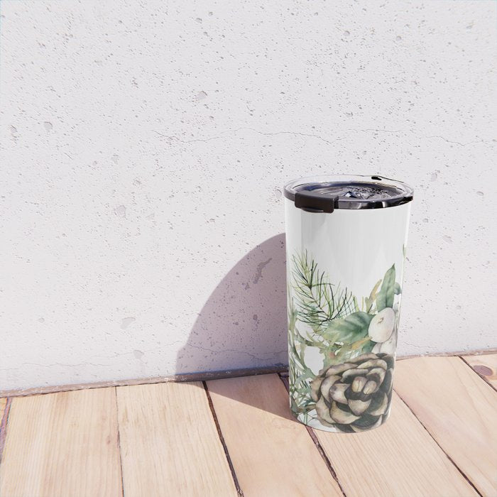 Christmas Pine Bouquet, Watercolor Floral Prints Travel Mug Gallery Image 4