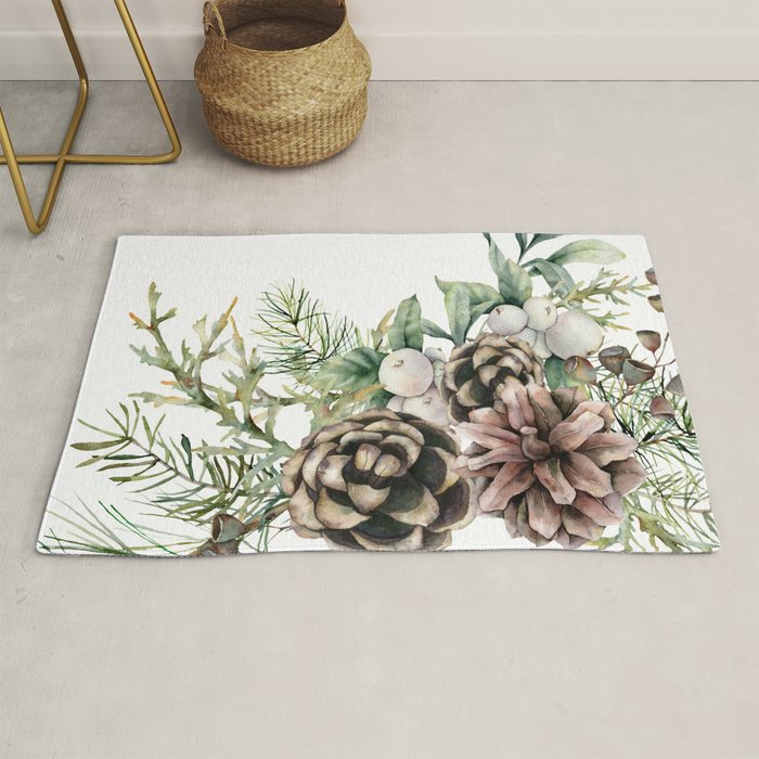 Christmas Pine Bouquet, Watercolor Floral Prints Rug Gallery Image 1