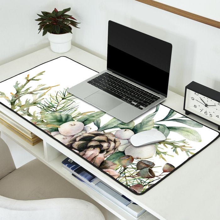 Christmas Pine Bouquet, Watercolor Floral Prints Desk Mat Gallery Image 2