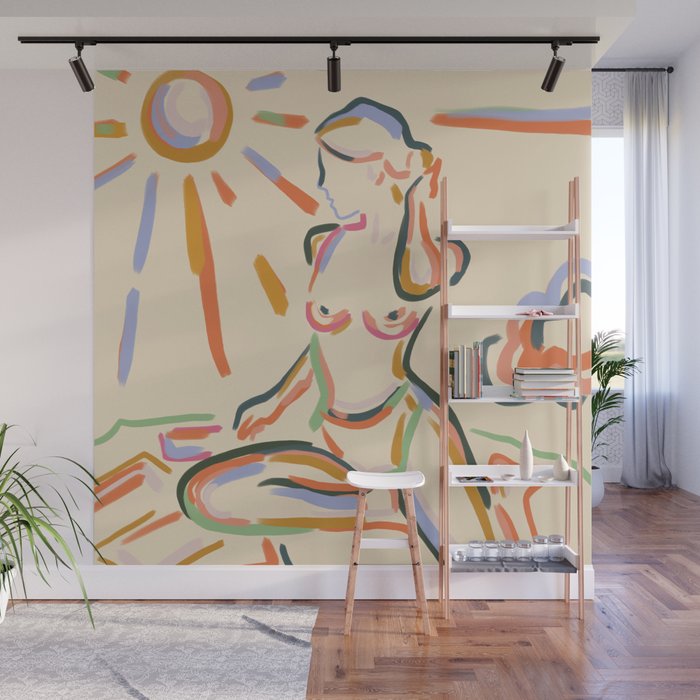 Self Love, Abstract Bohemian Woman Line Art, Feminism Boho Eclectic Beach Summer Sunny Reader Wall Mural Gallery Image 1
