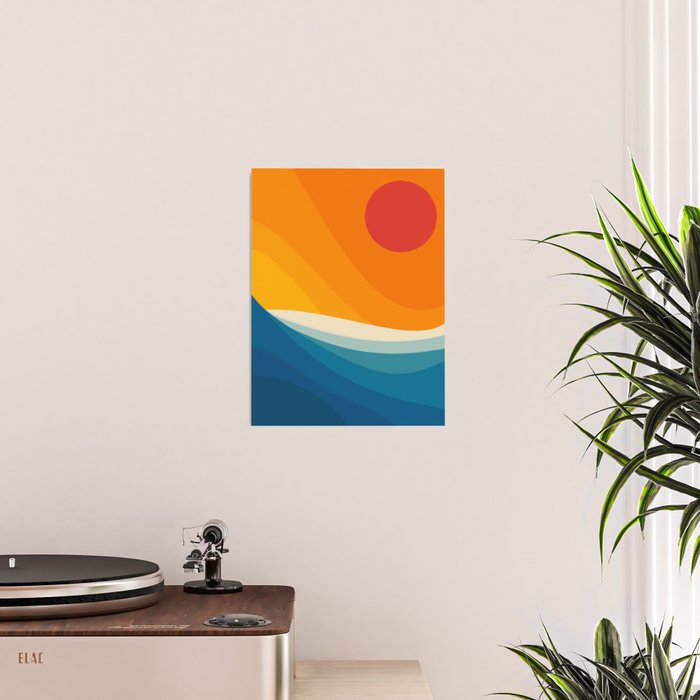 Abstract colorful landscape with wavy sea and sun Poster Gallery Image 2