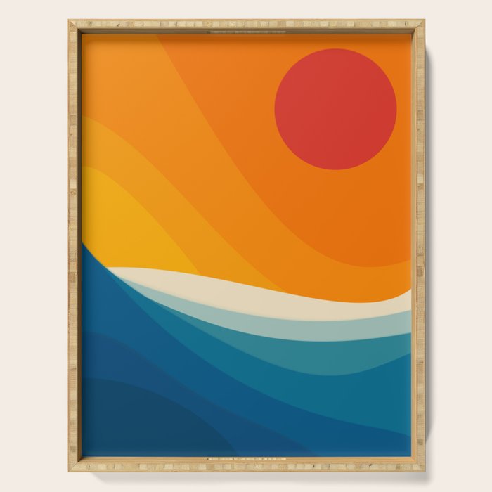 Abstract colorful landscape with wavy sea and sun Serving Tray Gallery Image 1