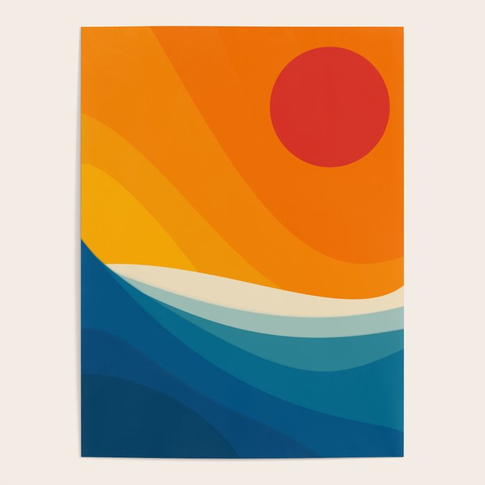 Abstract colorful landscape with wavy sea and sun Poster Gallery Image 1