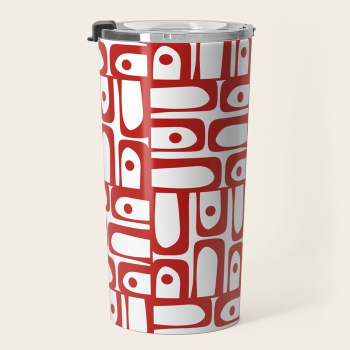 Mid Century Modern Piquet Abstract Multi Geometric Pattern in Red and White Travel Mug Gallery Image 3
