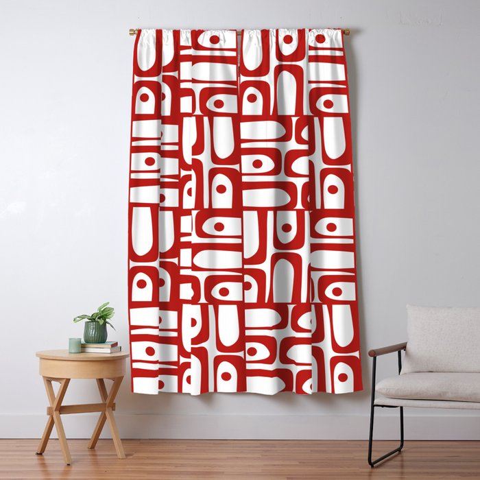 Mid Century Modern Piquet Abstract Multi Geometric Pattern in Red and White Window Curtain Gallery Image 5