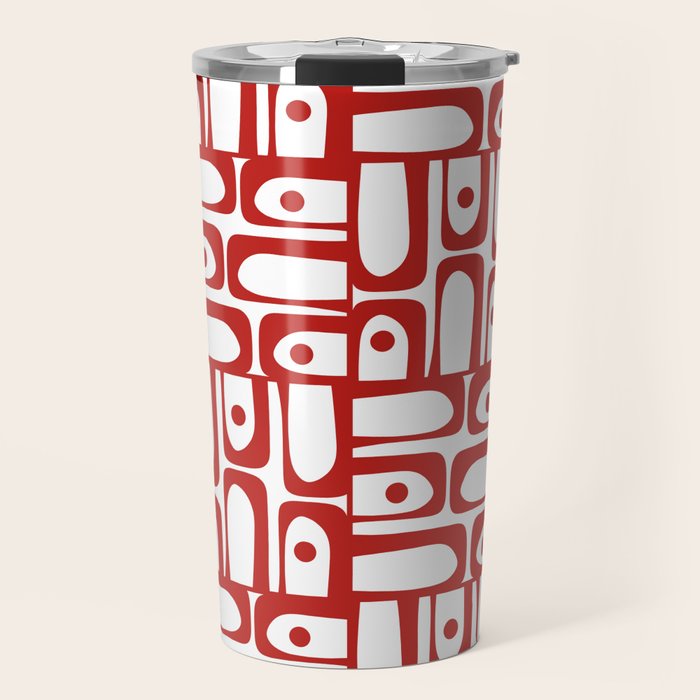 Mid Century Modern Piquet Abstract Multi Geometric Pattern in Red and White Travel Mug Gallery Image 1