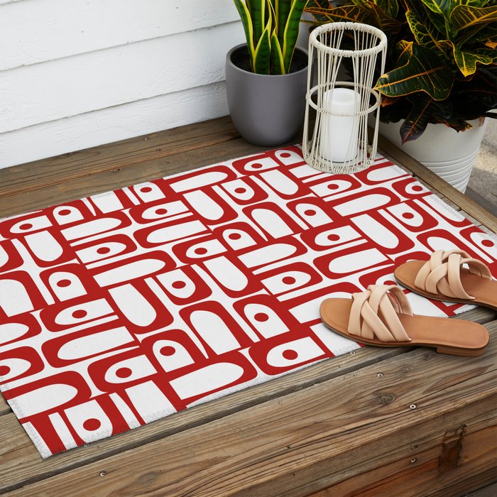 Mid Century Modern Piquet Abstract Multi Geometric Pattern in Red and White Outdoor Rug Gallery Image 2