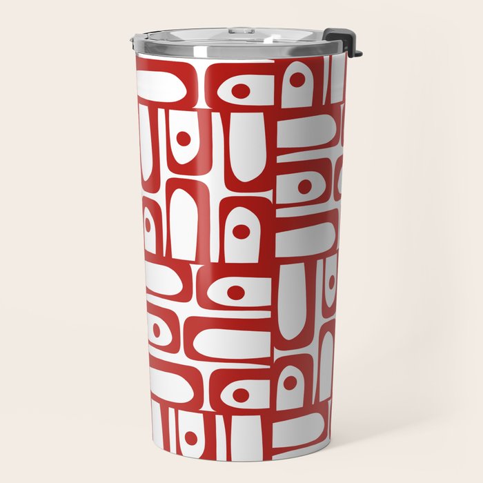 Mid Century Modern Piquet Abstract Multi Geometric Pattern in Red and White Travel Mug Gallery Image 2