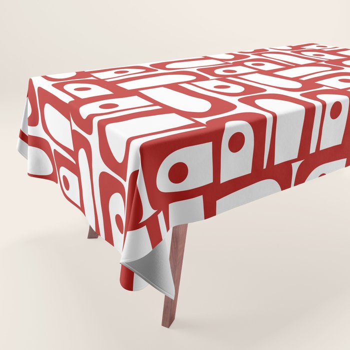 Mid Century Modern Piquet Abstract Multi Geometric Pattern in Red and White Tablecloth Gallery Image 1