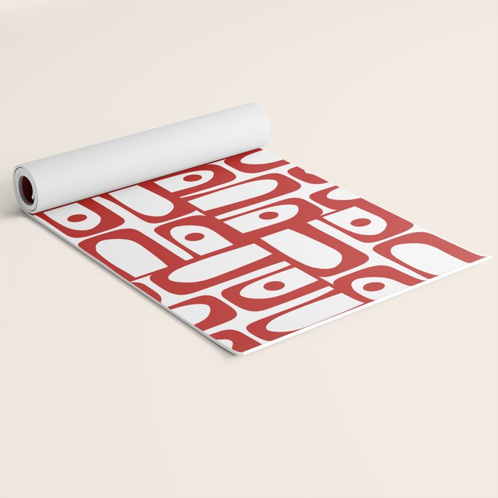 Mid Century Modern Piquet Abstract Multi Geometric Pattern in Red and White Yoga Mat Gallery Image 2
