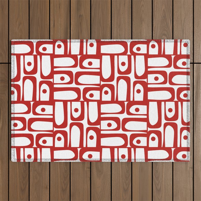 Mid Century Modern Piquet Abstract Multi Geometric Pattern in Red and White Outdoor Rug Gallery Image 1