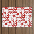 Mid Century Modern Piquet Abstract Multi Geometric Pattern in Red and White Outdoor Rug Gallery Image 1