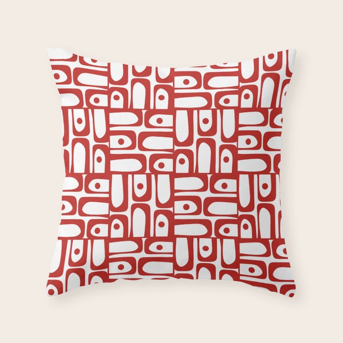 Mid Century Modern Piquet Abstract Multi Geometric Pattern in Red and White Throw Pillow Gallery Image 1