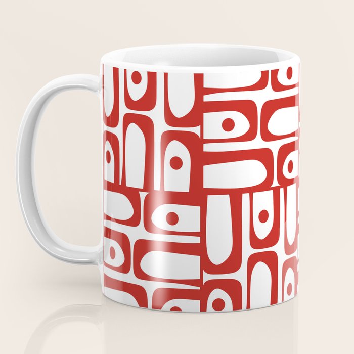 Mid Century Modern Piquet Abstract Multi Geometric Pattern in Red and White Coffee Mug Gallery Image 3