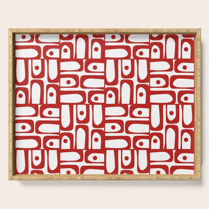 Mid Century Modern Piquet Abstract Multi Geometric Pattern in Red and White Serving Tray Gallery Image 1