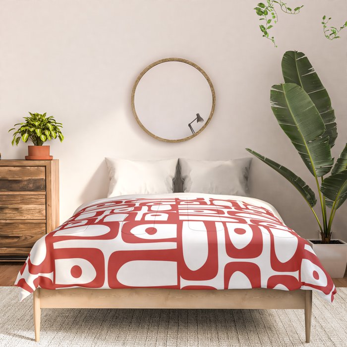 Mid Century Modern Piquet Abstract Multi Geometric Pattern in Red and White Comforter Gallery Image 3