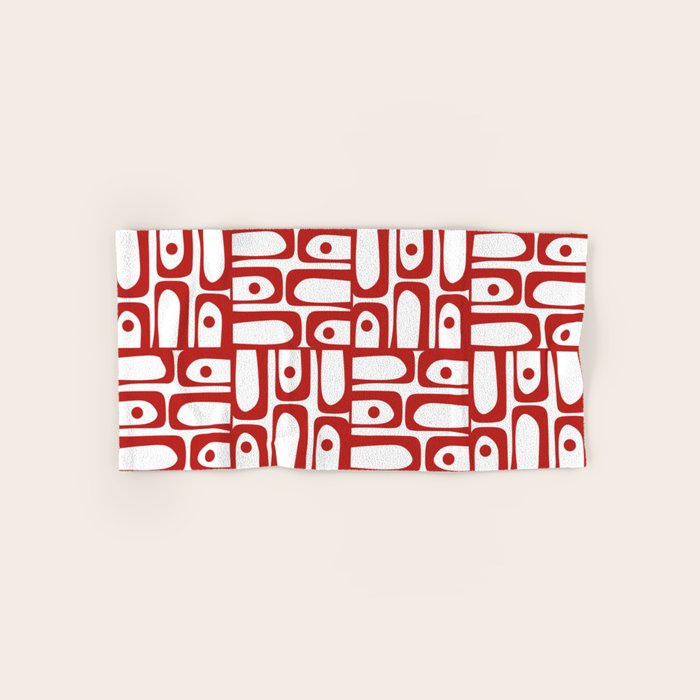 Mid Century Modern Piquet Abstract Multi Geometric Pattern in Red and White Bath Towel Gallery Image 1