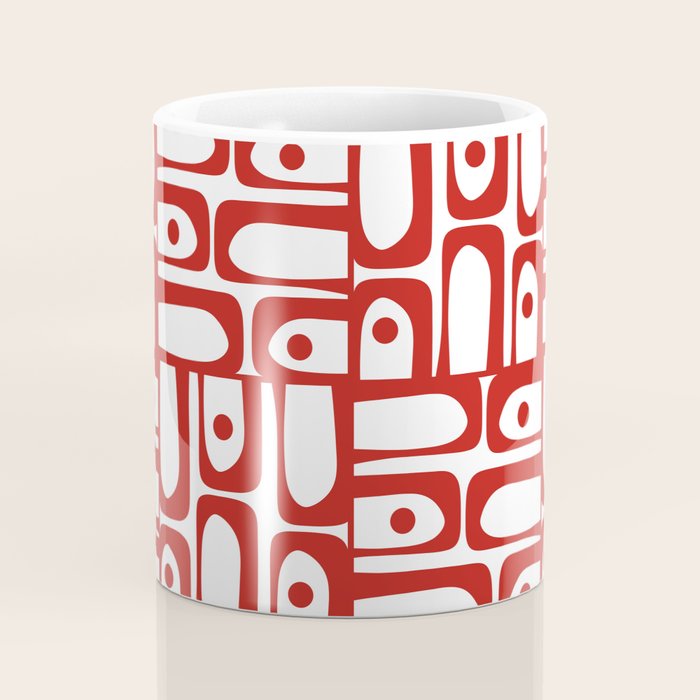 Mid Century Modern Piquet Abstract Multi Geometric Pattern in Red and White Coffee Mug Gallery Image 4