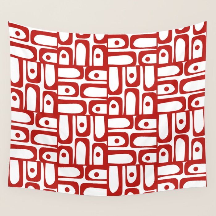 Mid Century Modern Piquet Abstract Multi Geometric Pattern in Red and White Wall Tapestry Gallery Image 4