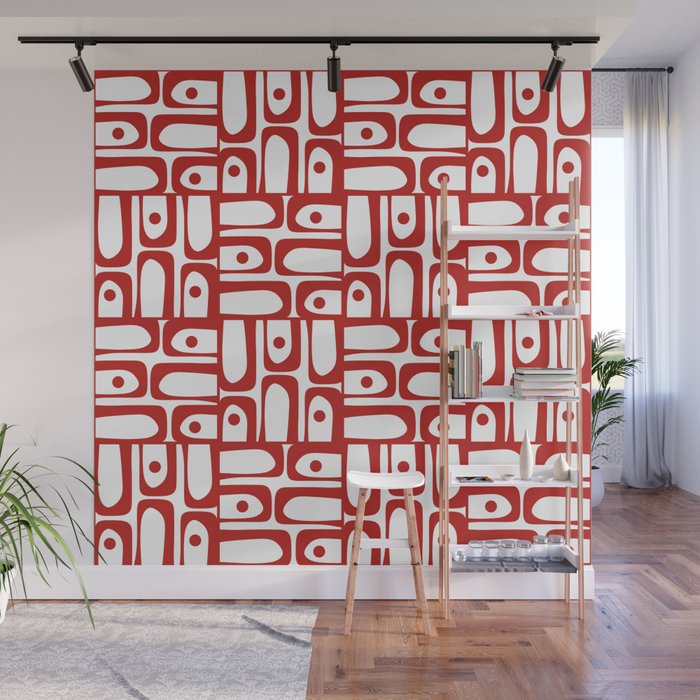 Mid Century Modern Piquet Abstract Multi Geometric Pattern in Red and White Wall Mural Gallery Image 1