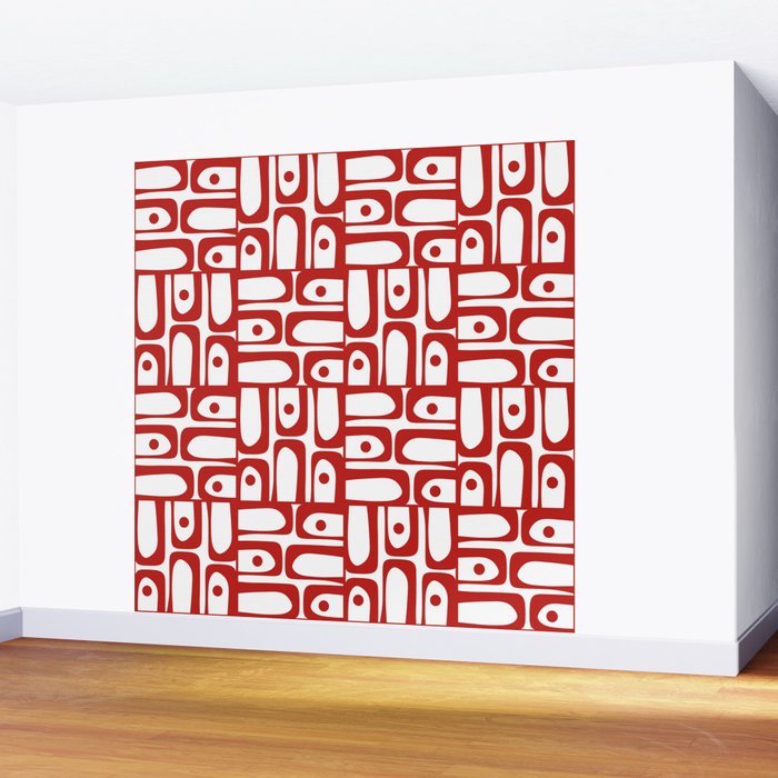 Mid Century Modern Piquet Abstract Multi Geometric Pattern in Red and White Wall Mural Gallery Image 2