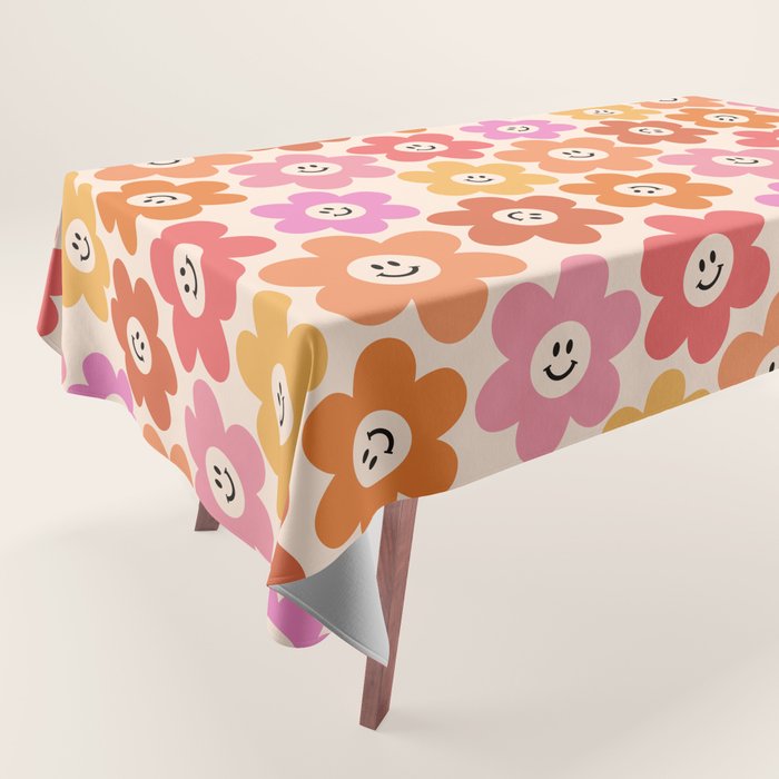 Retro Smiley Flowers Pattern Tablecloth Gallery Image 1