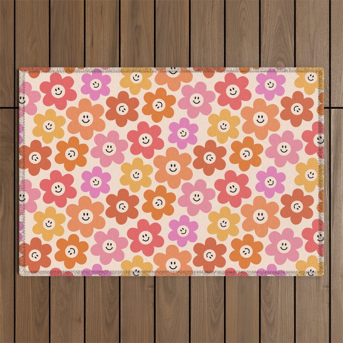 Retro Smiley Flowers Pattern Outdoor Rug Gallery Image 1