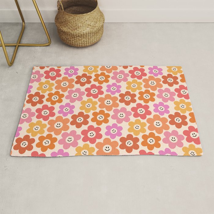 Retro Smiley Flowers Pattern Rug Gallery Image 1