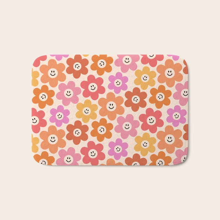 Retro Smiley Flowers Pattern Bath Mat Gallery Image 1