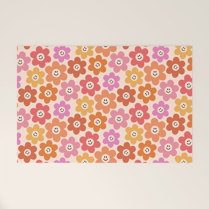 Retro Smiley Flowers Pattern Welcome Mat Gallery Image 1