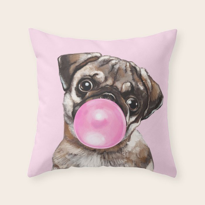 Pug with Pink Bubble Gum Throw Pillow Gallery Image 1